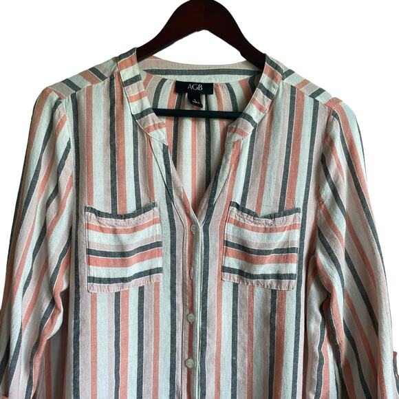 AGB Women Tunic Top L Multicolor Striped Roll Tab Long Sleeve Beachy Coastal - Picture 11 of 11